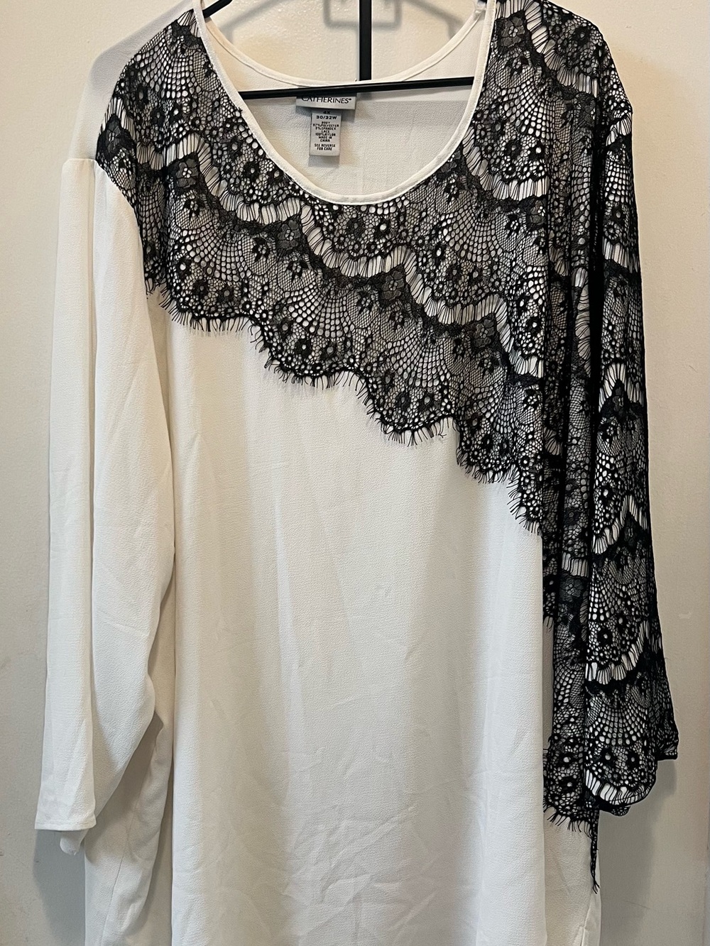 Catherines White Blouse with Black Lace Accent